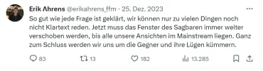 Zitat Herr Ahrens: So gut wie jede Frage ist geklärt, wir können nur zu vielen Dingen noch nicht Klartext reden. Jetzt muss das Fenster des Sagbaren immer weiter verschoben werden, bis alle unsere Ansichten im Mainstream liegen. Ganz zum Schluss werden wir uns um die Gegner und ihre Lügen kümmern